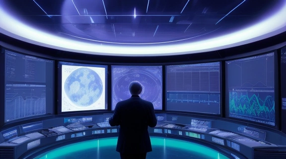 Ниити специалист Astrostar анализирует астрономические данные на голографических дисплеях в современной лаборатории.