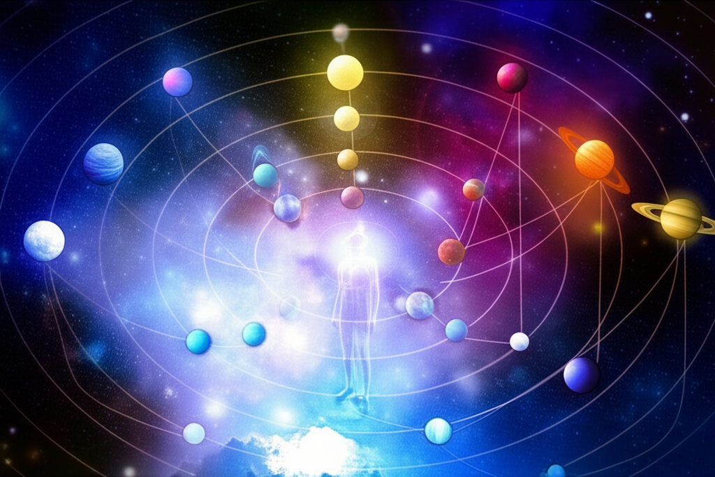 Символическое изображение, раскрывающее роль планет в астрологии и их связь с человеком.