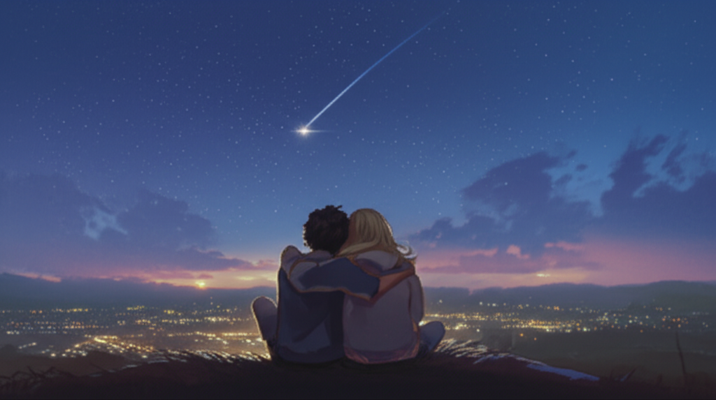 Два человека смотрят на падающую звезду, что символизирует романтические приметы и надежды.