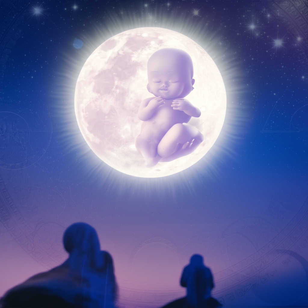 Изображение новорожденного ребёнка, мирно спящего под сияющей полной Луной, символизирующее рождение ребёнка по лунному календарю и его связь с космическими ритмами.
