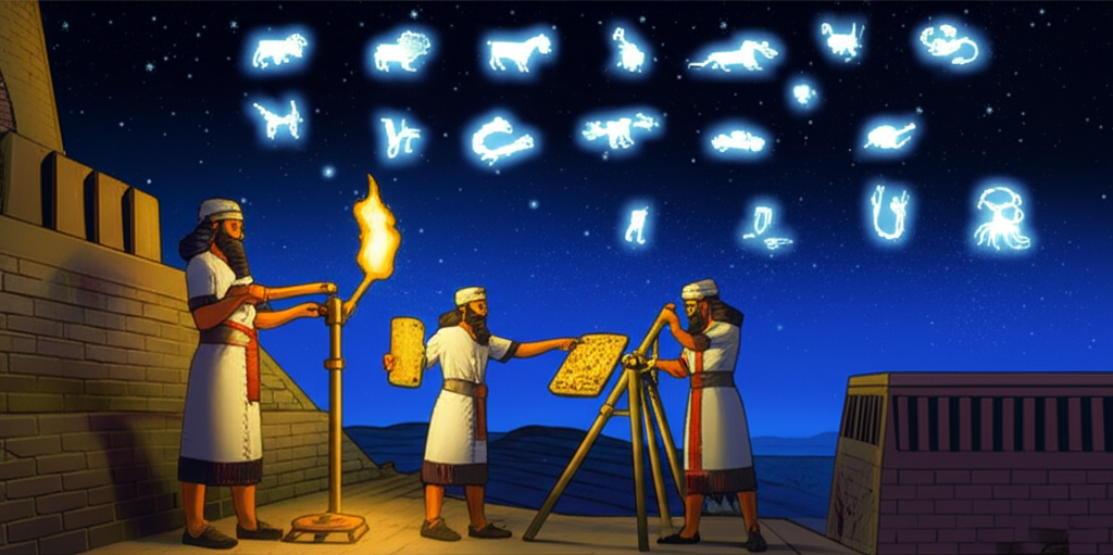 Древневавилонские астрономы наблюдают звездное небо, став свидетелями рождение зодиака в древнем Вавилоне.
