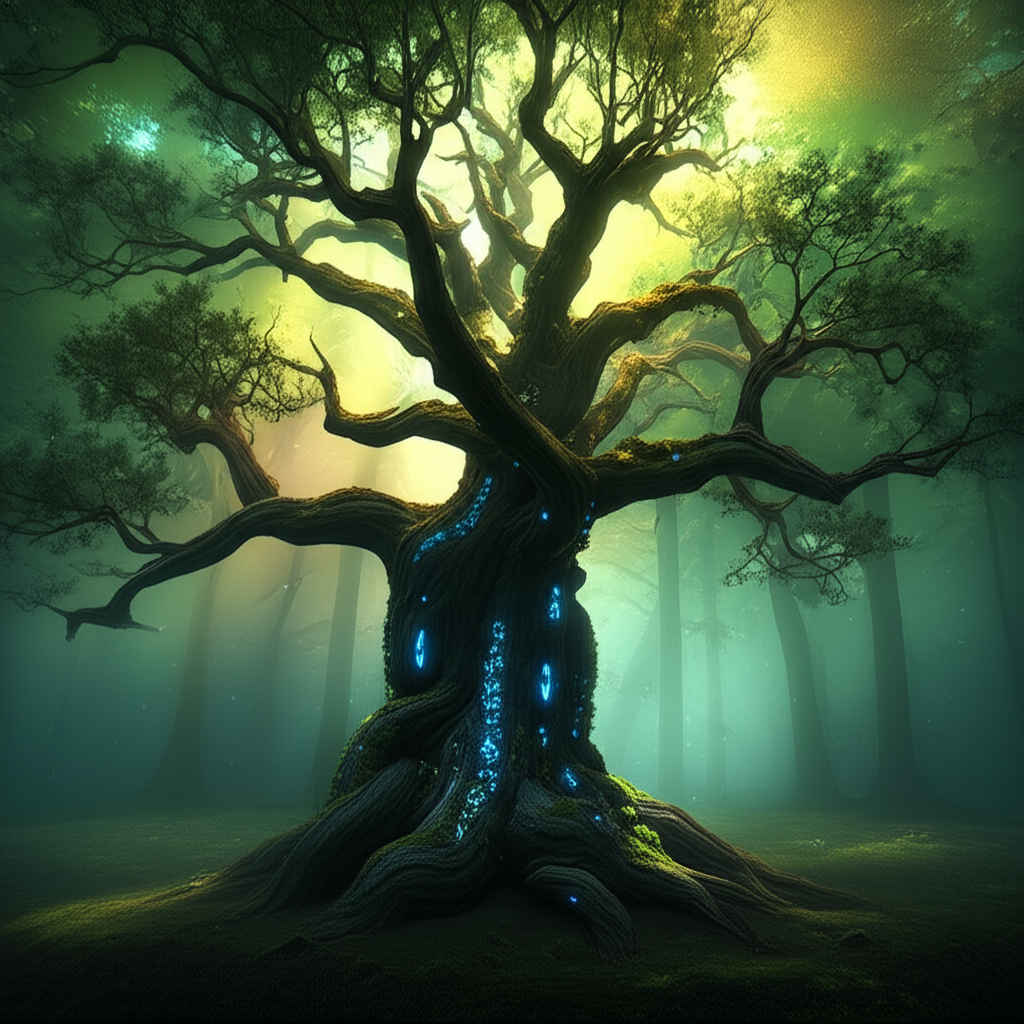 Древний дуб со светящимися символами на коре раскрывает рунические тайны деревьев в мистическом лесу.