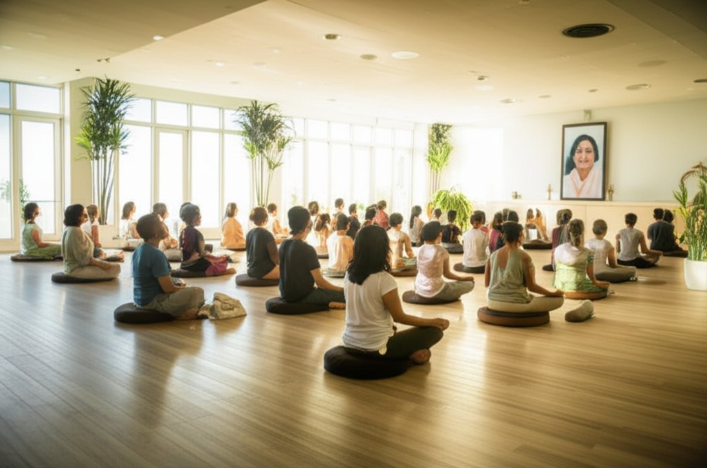 Люди разных возрастов медитируют вместе в светлом зале сахаджа йога сахаджа ашрам