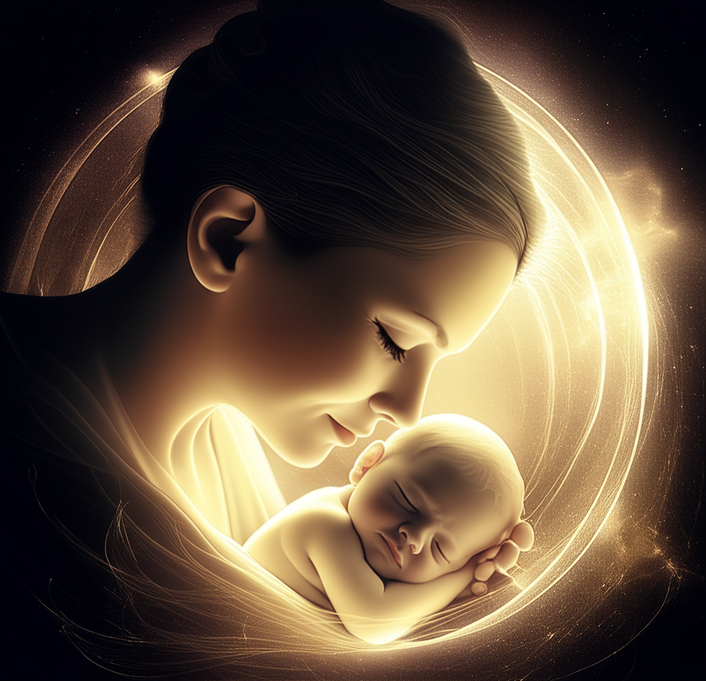 Женщина, обнимающая ребенка, на фоне символического света, олицетворяющего сакральный мир мам.