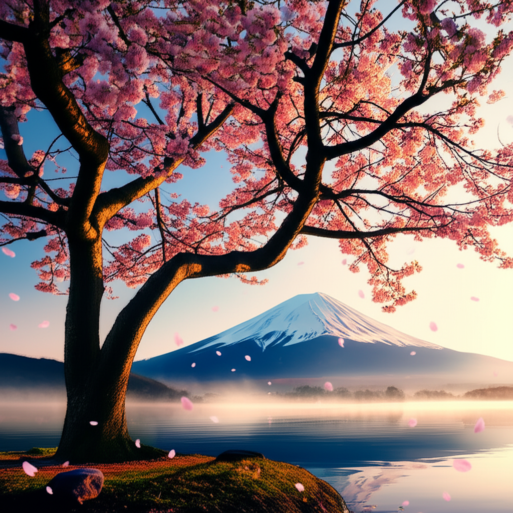 Величественное цветущее дерево на фоне горы Фудзи, где сакура символ Японии.