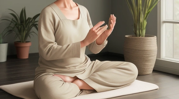 Женщина выполняет Самомассаж по системе дойн, сосредотачиваясь на области лица и шеи, в спокойной и светлой комнате.