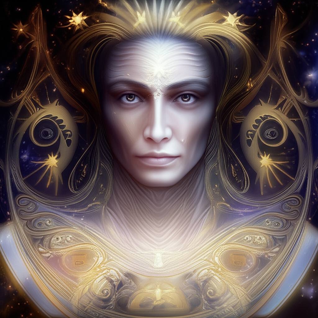Изображение прекрасной женщины, олицетворяющей самый красивый знак зодиака, окруженной небесными элементами и астрологическими символами.