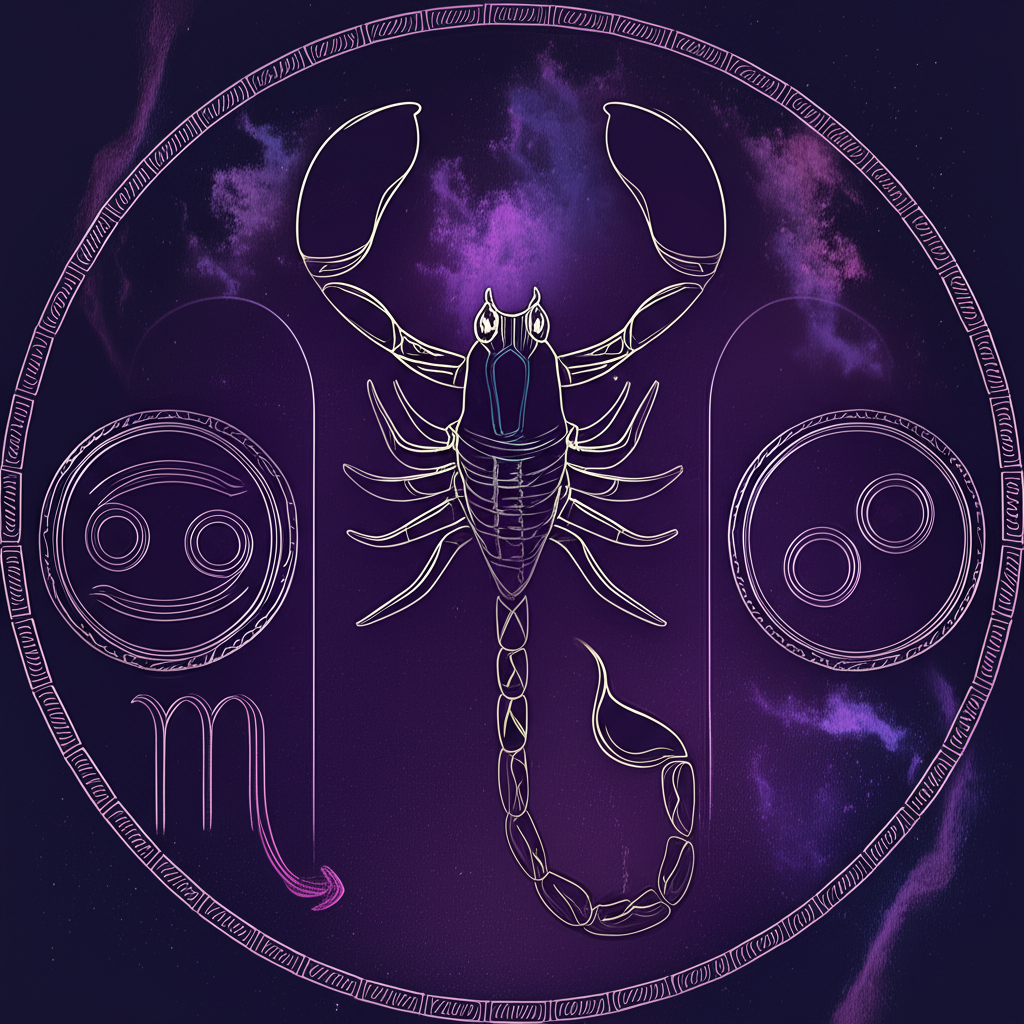 Символическое изображение знаков зодиака, где в центре выделен Скорпион, как самый ревнивый знак зодиака, окруженный намеками на Рака и Льва, на фоне звездного неба в глубоких, насыщенных тонах.