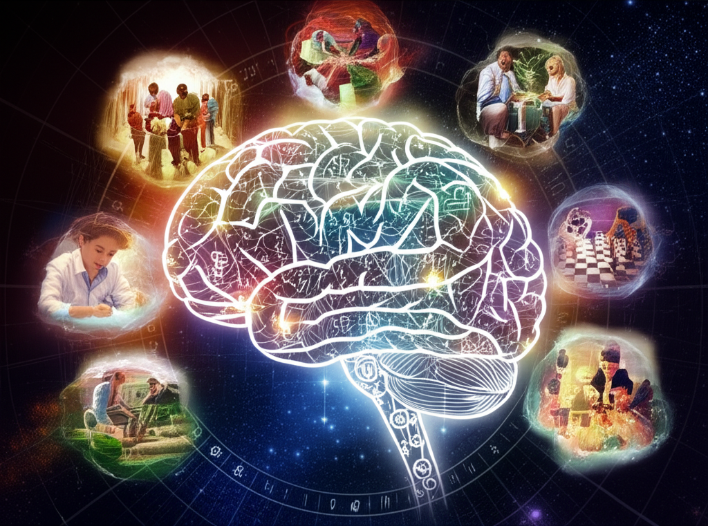 Космическое изображение, символизирующее разнообразие интеллекта и показывающее, что нет одного самого умного знака зодиака, а есть многообразие интеллектуальных способностей.