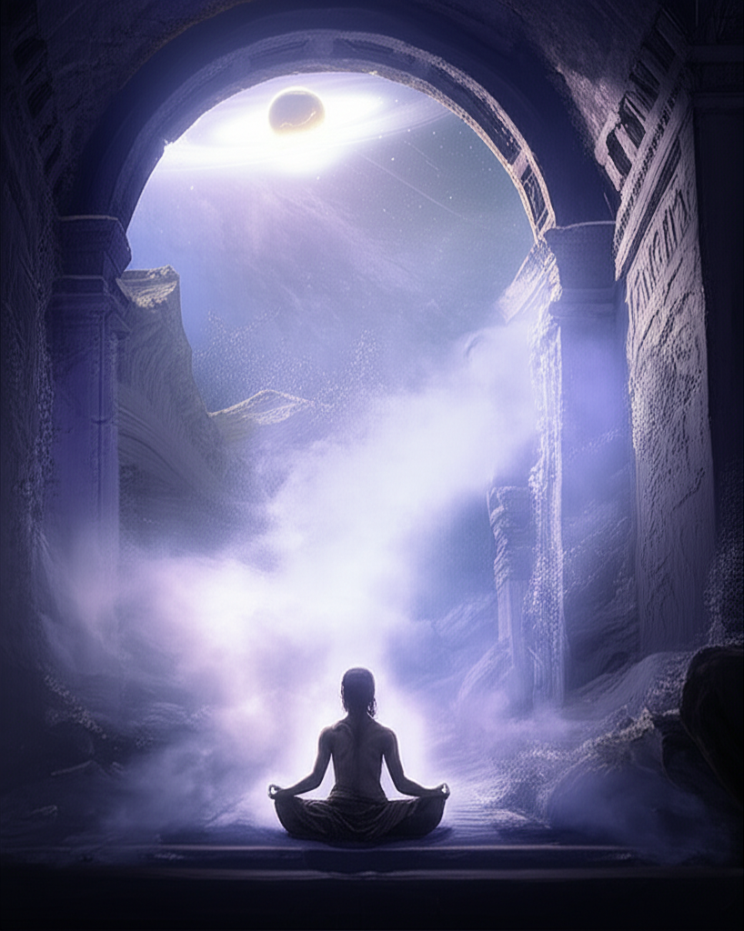 Человек медитирует в уединении, окруженный мистическим светом и едва различимыми кольцами Сатурна в небе, что символизирует Сатурн в 12 доме испытания.