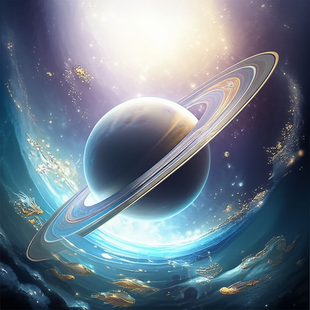 Изображение Сатурна, проецирующего свои кольца на мистические воды Рыб, символизирующее сатурн в рыбы 2025 значение.