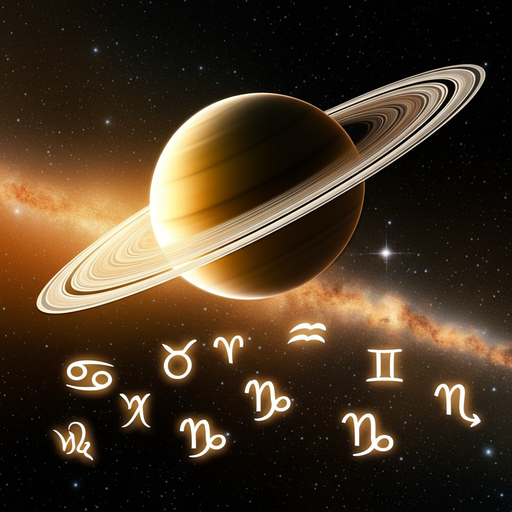 Изображение планеты Сатурн с кольцами на фоне звездного неба, окруженной символами двенадцати знаков зодиака, демонстрирующее влияние Сатурна в знаках зодиака.