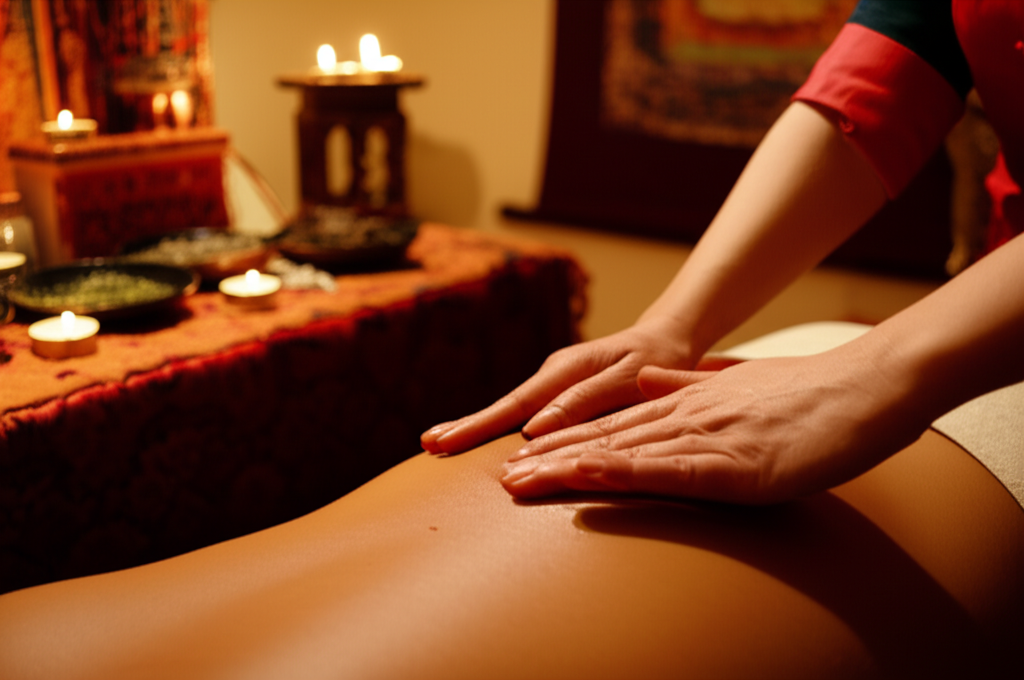 Мастер выполняет процедуру, раскрывая секреты тибетского массажа в аутентичной обстановке.