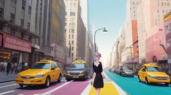 Иллюстрация, изображающая четыре разных Секс в большом городе женские психотипы, прогуливающихся по стилизованным улицам Нью-Йорка, каждая в своей манере.