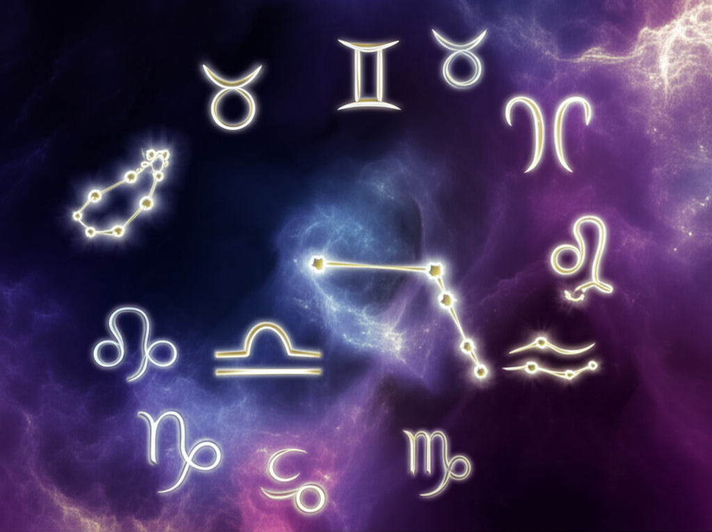 Абстрактное изображение зодиакального круга и космических энергий, иллюстрирующее сексуальный гороскоп на 2025 год для всех знаков зодиака.