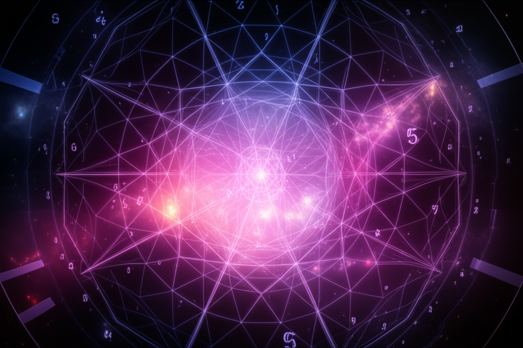 Абстрактное изображение, иллюстрирующее сексуальный темперамент по дате рождения через нумерологические символы и космические узоры.