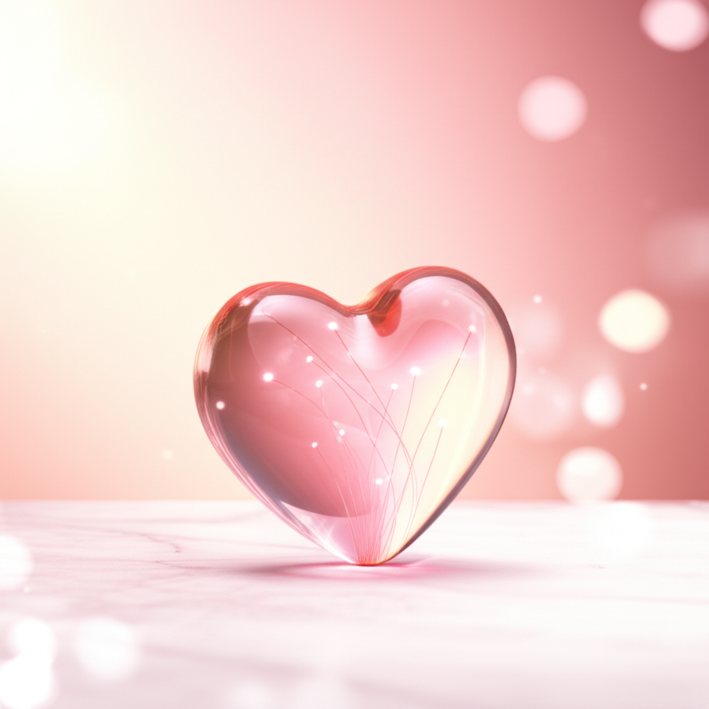 Элегантный арт-объект, где сердце символ дня влюбленных выполнено из розового стекла на светлом фоне.