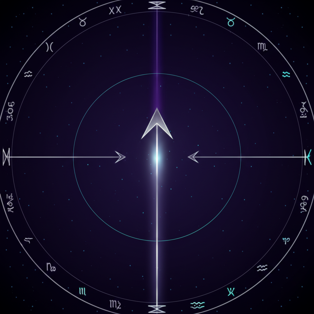 Схематичное изображение, где северный узел в астрологии показан как светящийся вектор на фоне звездного неба.