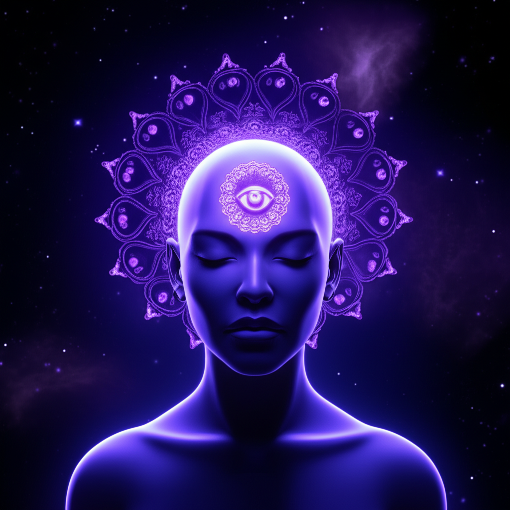 Шестая чакра интуиция: светящийся символ на лбу медитирующей личности.