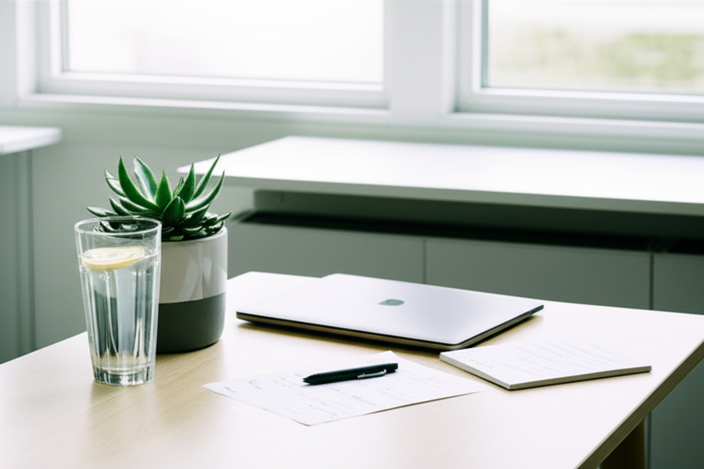 Астрологический символизм, где шестой дом работа и здоровье показаны через гармоничное рабочее пространство.