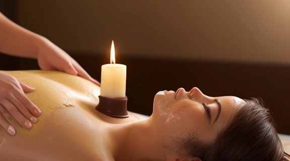 Клиентка получает процедуру шоколадный массаж в современном спа-салоне