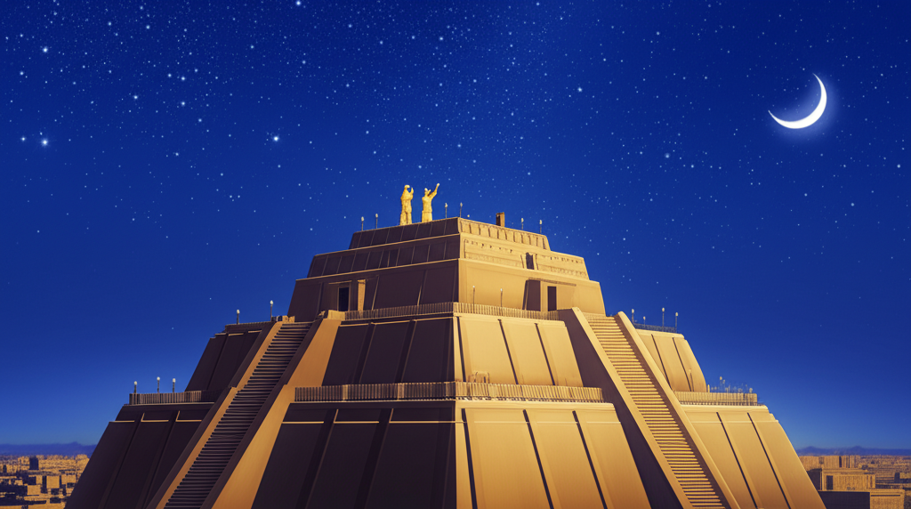 Древний шумерский жрец наблюдает звёзды с вершины зиггурата, иллюстрируя глубокое значение, которое имели шумеры и звёздные наблюдения для их цивилизации.