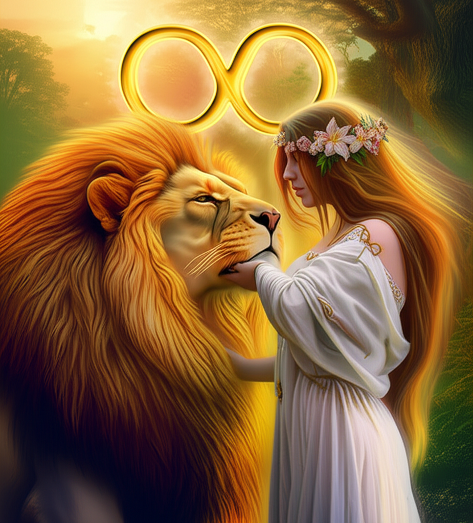 Спокойная и сильная женщина, мягко закрывающая пасть льва, символизирующая глубокое значение карты Сила в Таро для женщин и их внутреннюю мощь.