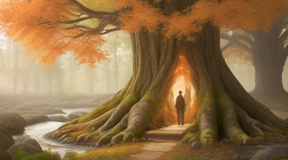 Древний клен и ольха в мифологии славян, изображенные у воды в мистическом лесу, символизирующие мужское и женское начала.