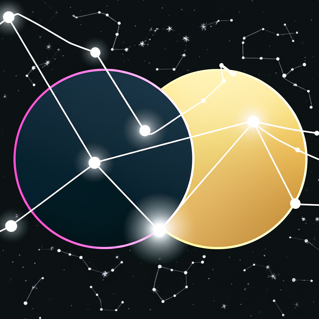 Абстрактное изображение двух астрологических кругов, символизирующее синастрия анализ отношений.