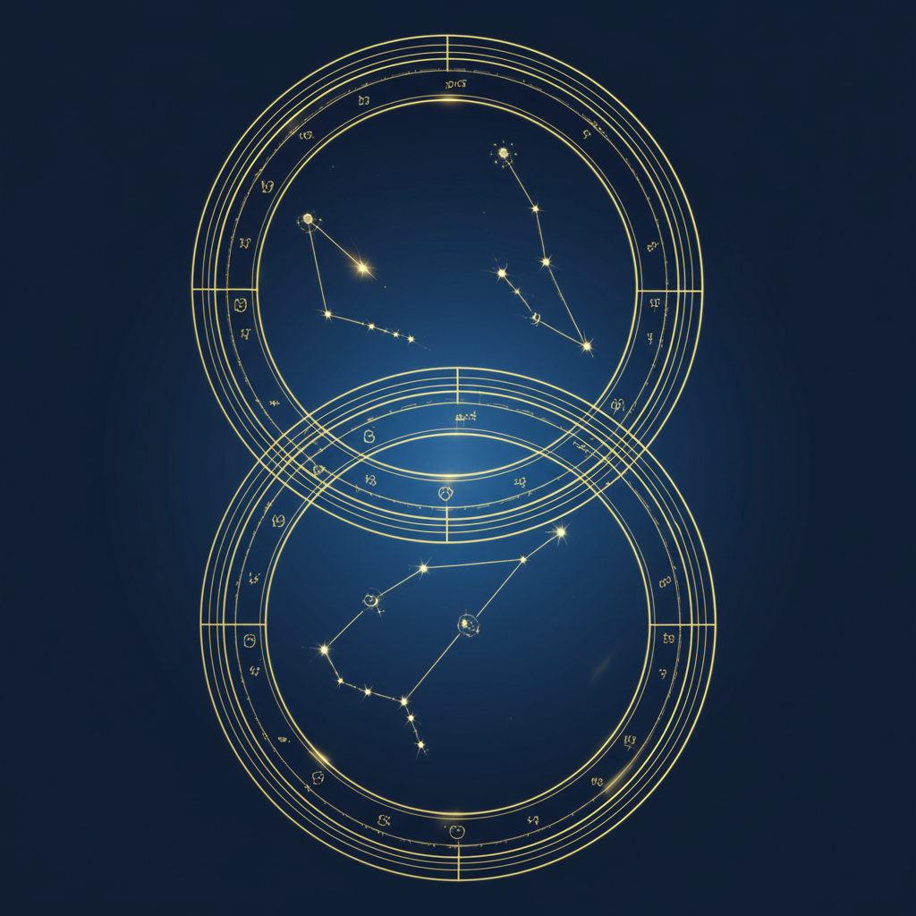 Абстрактная синастрия натальных карт, показывающая взаимодействие и пересечение двух астрологических гороскопов.
