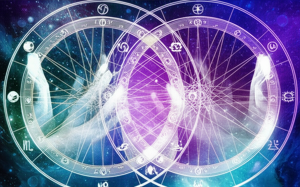 Изображение двух переплетенных астрологических карт на фоне космоса, символизирующее синастрия совместимость карт и глубокую связь между людьми.