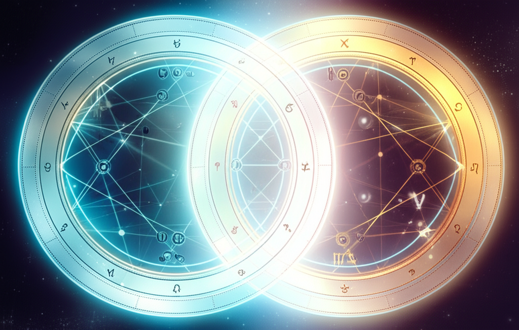 Иллюстрация, демонстрирующая наложение двух натальных карт для анализа Синастрия в астрологии для начинающих.
