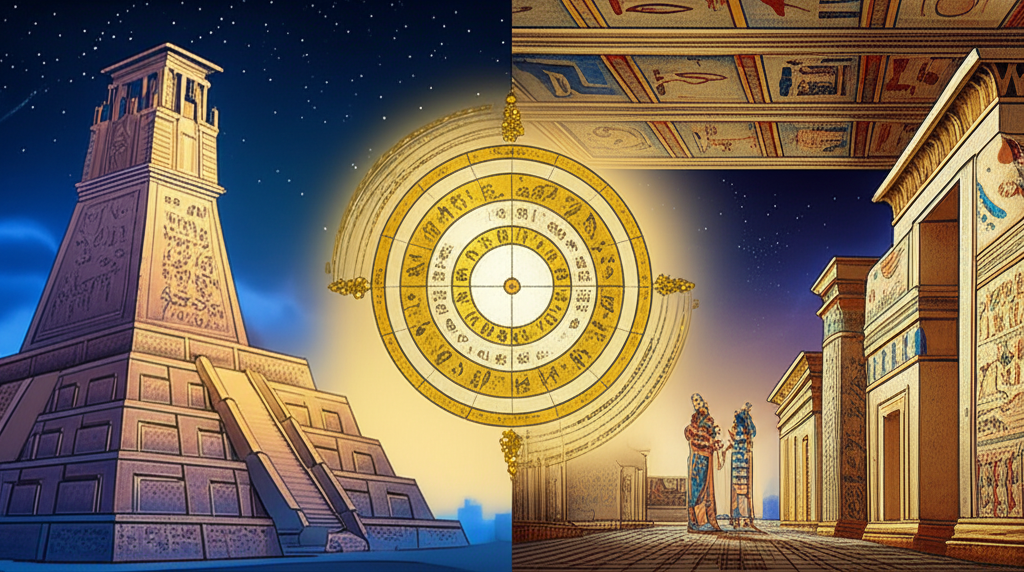 Иллюстрация, демонстрирующая исторический и культурный синтез вавилонской и египетской астрологии через их символы, архитектуру и астрономические представления.
