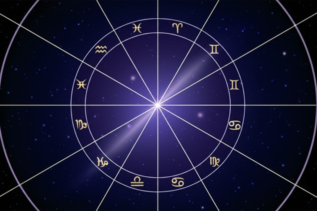 Схематичное изображение, иллюстрирующее различные системы домов в астрологии на фоне звёздного неба.