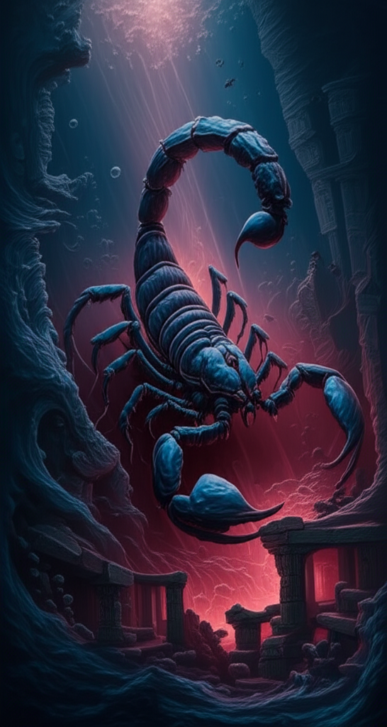 Иллюстрация, раскрывающая тему того, скорпион как проявляет чувства через символические образы воды и глубины, подчеркивающие его скрытую, но интенсивную эмоциональную натуру.
