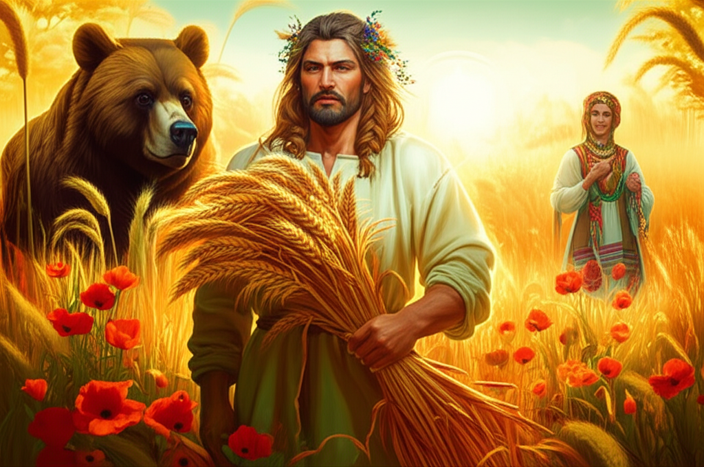 Славянский бог плодородия в окружении символов урожая, природы и животных.