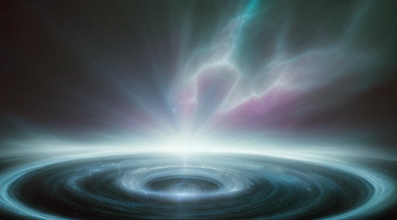 Изображение символического соединения Нептуна Денеб, где мистическая синяя планета освещена яркой путеводной звездой на фоне глубокого космоса.