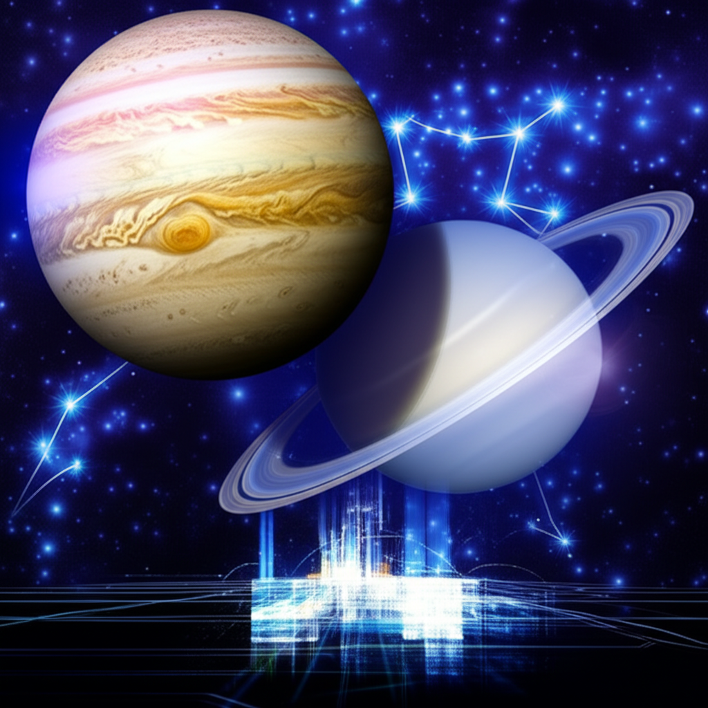 Художественное изображение исторического соединения планет в Водолее, символизирующее начало новой эры инноваций и перемен.