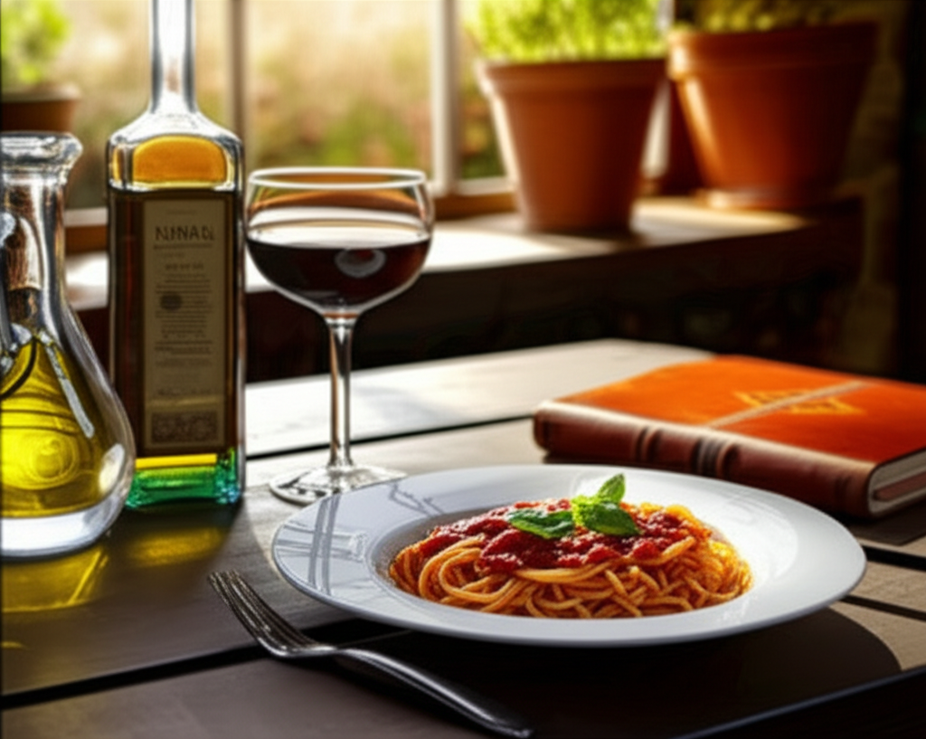 Итальянский натюрморт, иллюстрирующий Софи Лорен секреты стройности: паста, овощи и оливковое масло.