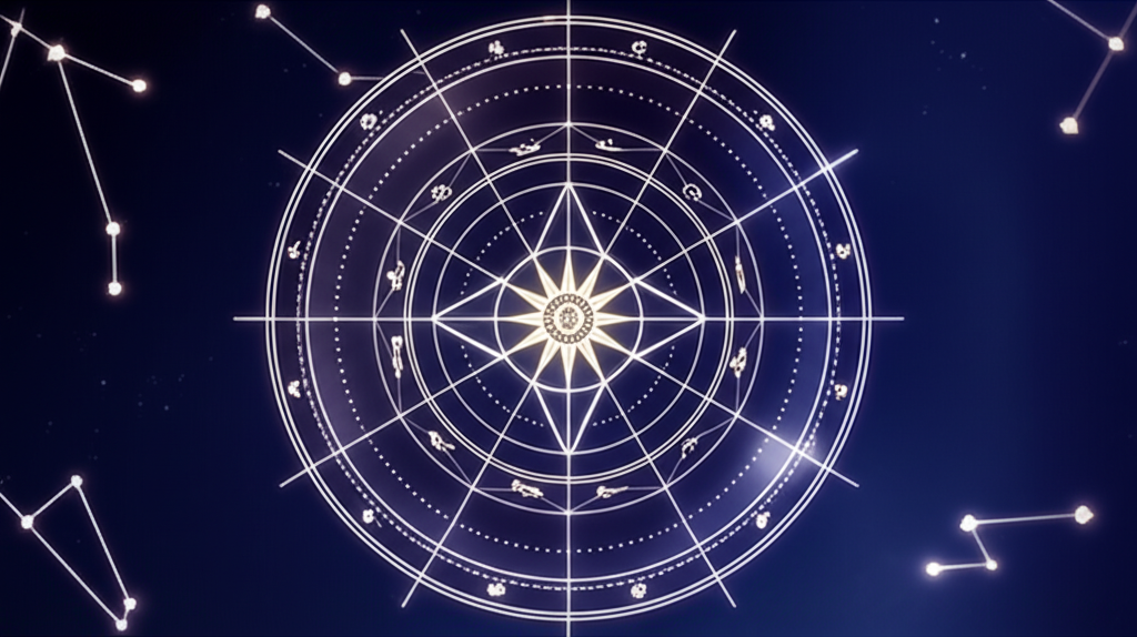 Стилизованное изображение натальной карты, созданной в Solar Fire астрологическое ПО.