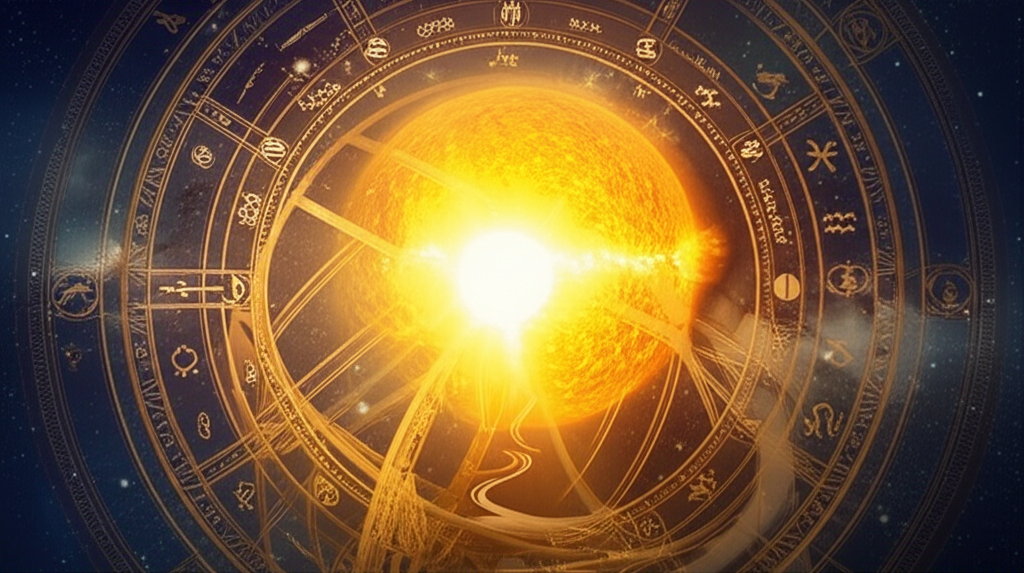 Изображение демонстрирует мистическое и величественное астрологическое событие, символизирующее соляр солнечное возвращение, с ярким Солнцем, выравнивающимся с натальной точкой в окружении космических символов и знаков зодиака, олицетворяя новый цикл.