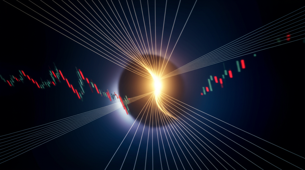 Графическое изображение, иллюстрирующее солнечное затмение на финансах и его воздействие на биржевые котировки.