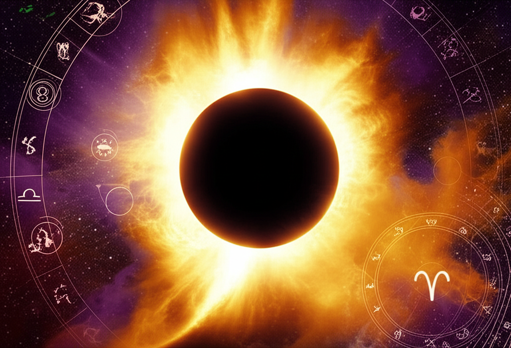 Иллюстрация полного солнечного затмения в 2025 году, с элементами астрологии и зодиакальными символами, подчеркивающая космическое влияние.