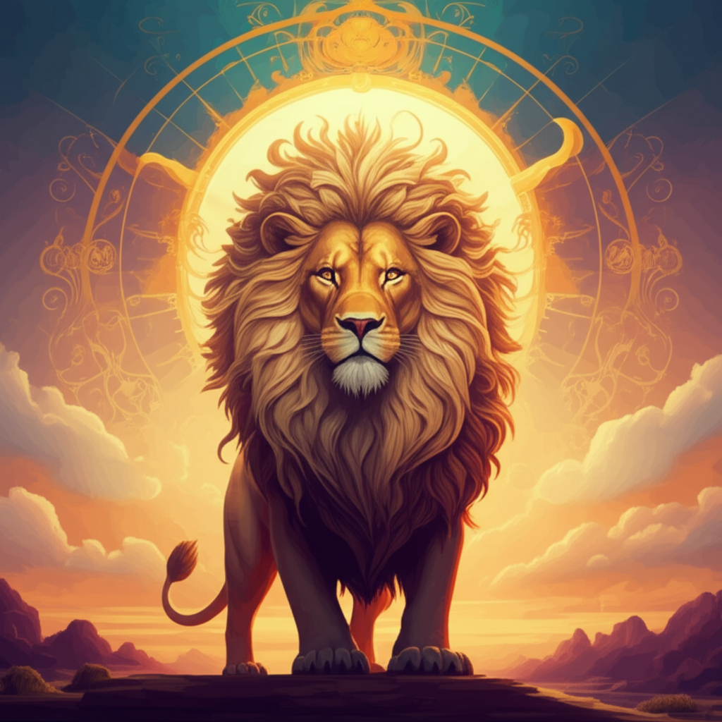 Величественный лев, сияющий как солнце, символизирующий солнце как правитель льва и его мощное влияние на этот знак зодиака.