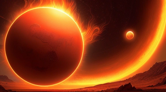 Изображение, где Солнце и Марс изображены как могущественные, древние сущности, символизирующие, что Солнце Марс властители судьбы.