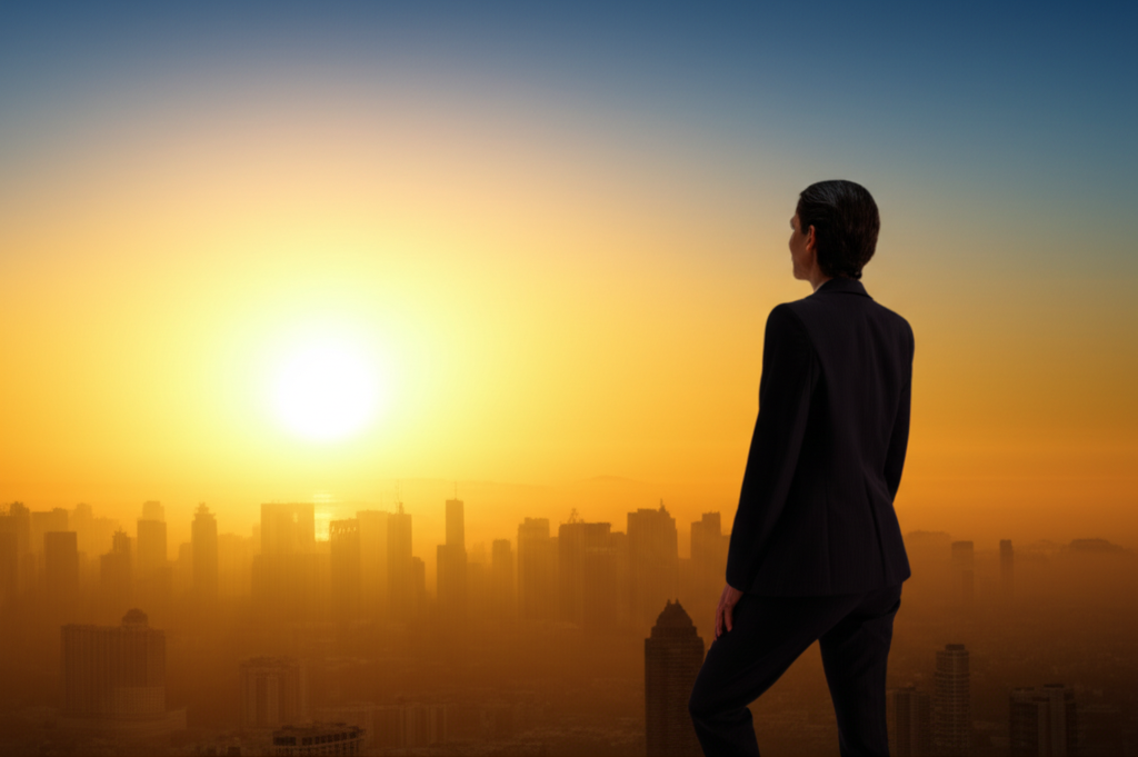 Человек на вершине горы встречает рассвет, что символизирует карьерный успех и признание с Солнцем в 10 доме.