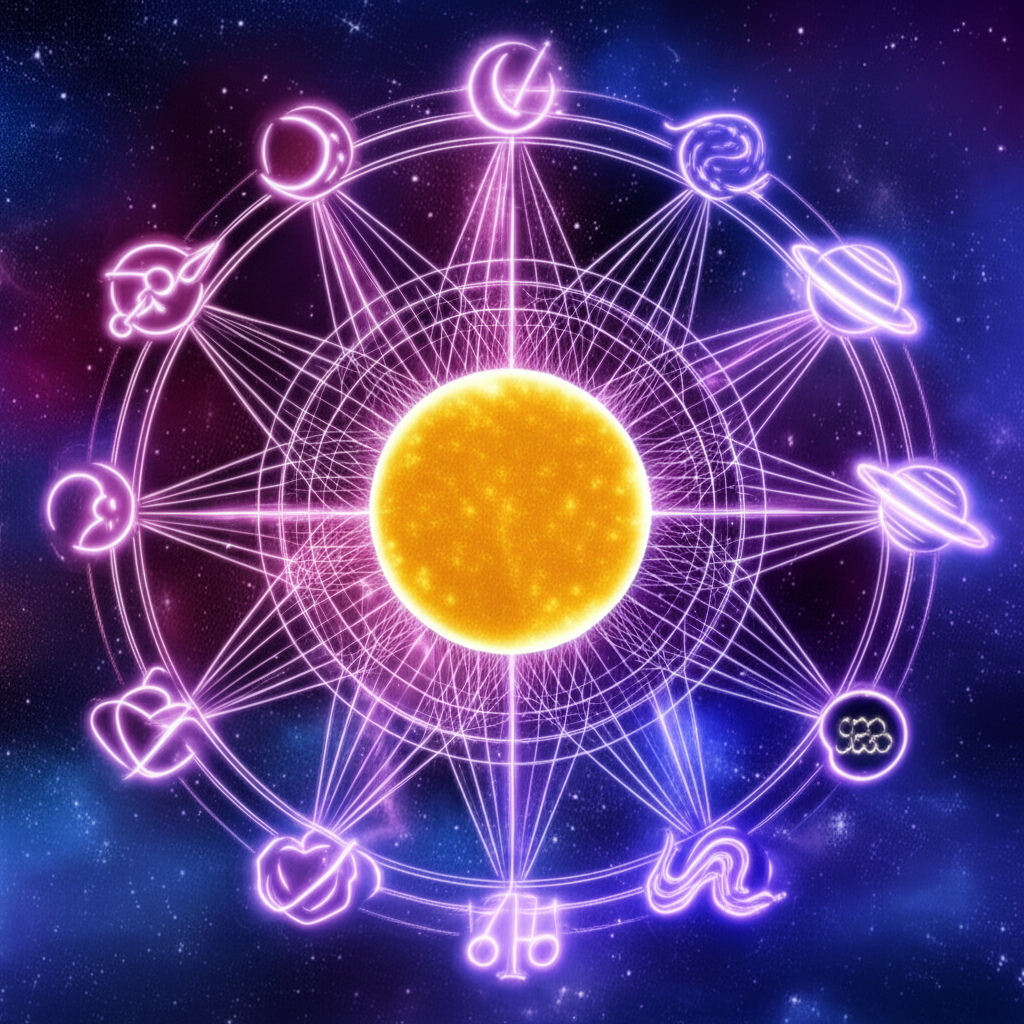 Аспекты Солнца в натальной карте эго, символизирующие внутреннюю силу и самопознание.