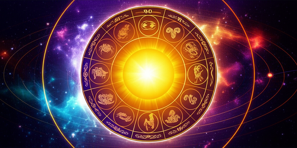 Яркая иллюстрация, демонстрирующая Солнце в центре, окруженное символами двенадцати знаков зодиака, что символизирует концепцию Солнце в знаках зодиака и его влияние на личность.