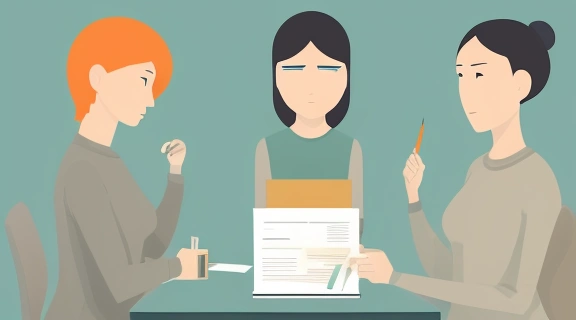 Группа коллег в современном офисе, где человек, символизирующий Деву, внимательно изучает документы, демонстрируя совместимость девы с коллегами в рабочей обстановке.