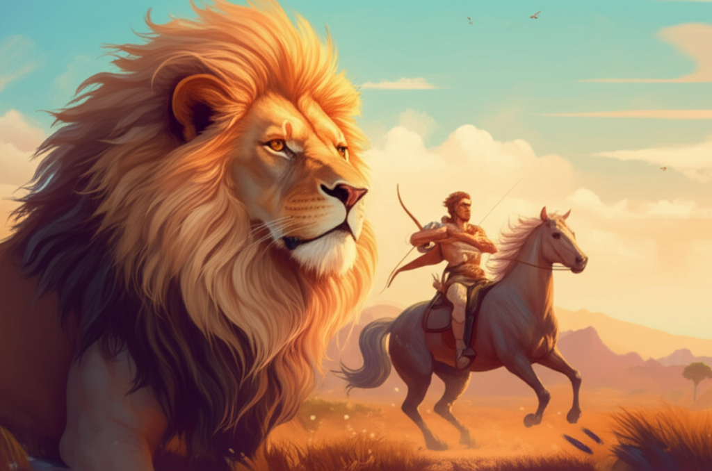 Изображение, символизирующее гармоничную совместимость льва и стрельца, где величественный лев и отважный кентавр вместе устремлены вдаль на фоне живописного пейзажа.